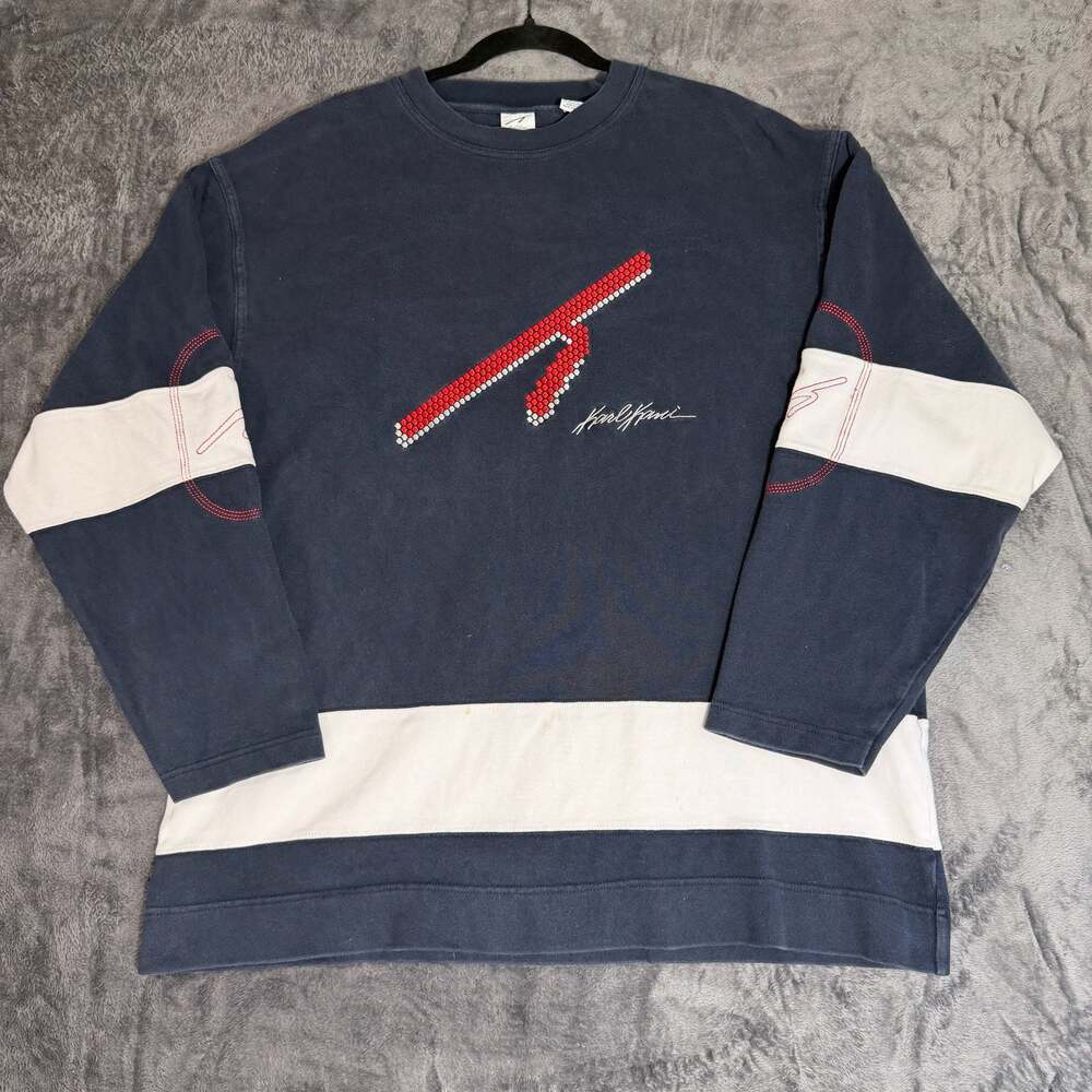 Vintage 90s Karl Kani Logo Colorblock Crewneck Sweatshirt Large navy white